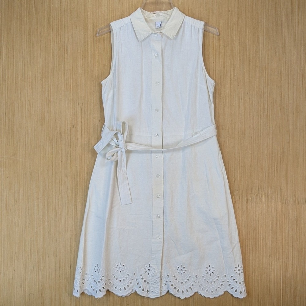 Old Navy Womens Boho Preppy Cottage White Linen Blend Eyelet Shirt Dress Small
